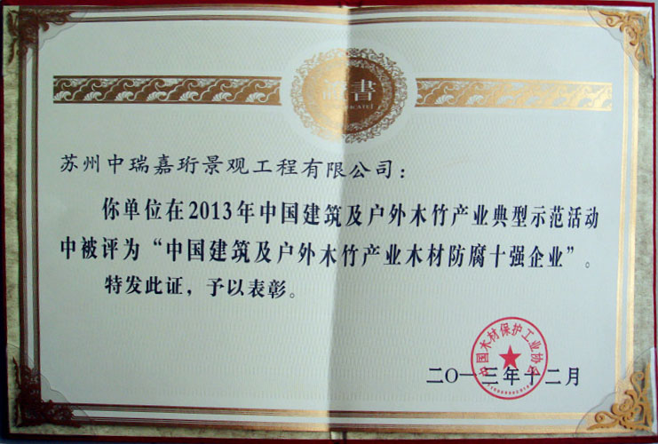 我公司榮獲《2013年中國防腐木材企業(yè)十強 》榮譽稱號